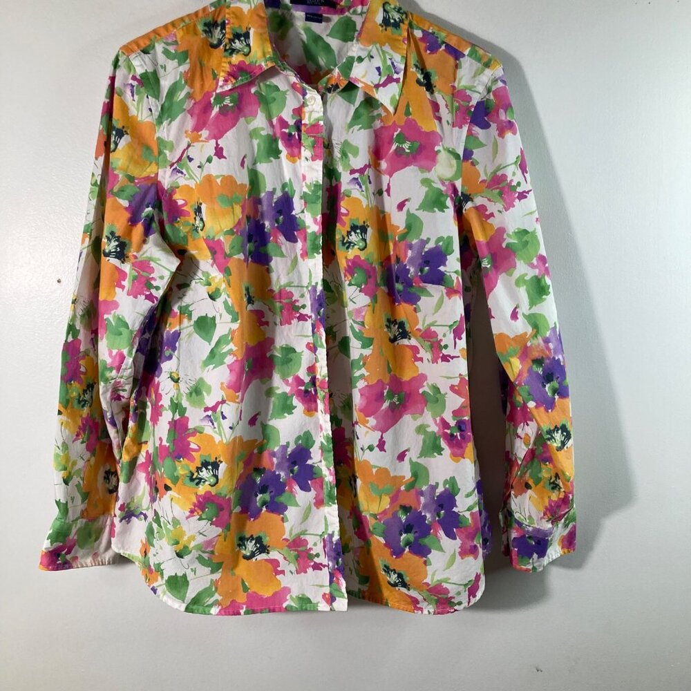 Womens Chaps Floral‎ Button Shirt White Multicolored M Cotton